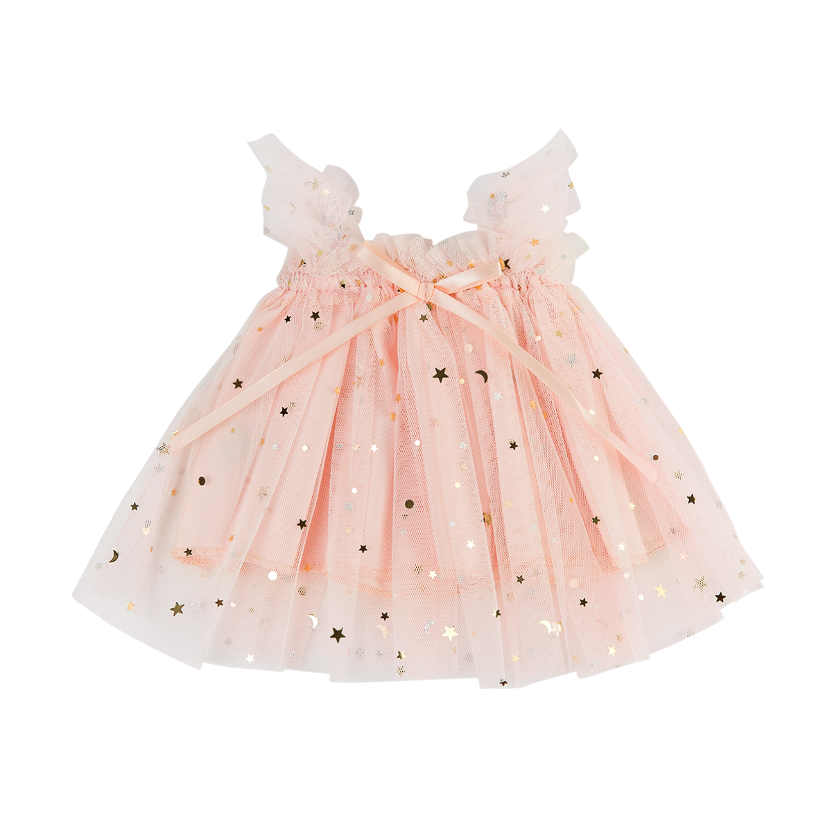 Peach Doll Tulle Ballet Dress with layered tulle straps and bow detail with gold stars.