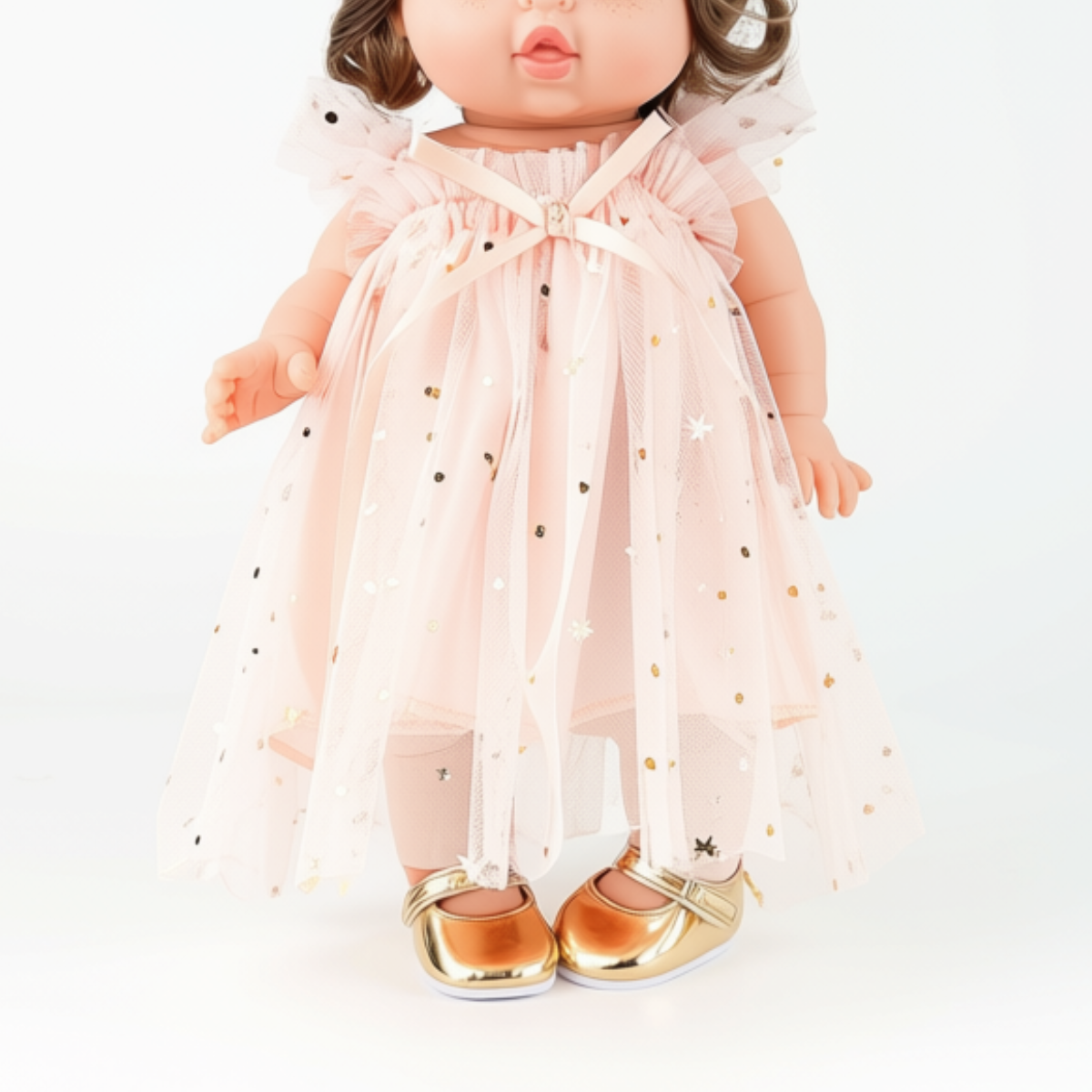 Peach Doll Tulle Ballet Dress with layered tulle straps and bow detail with gold stars.