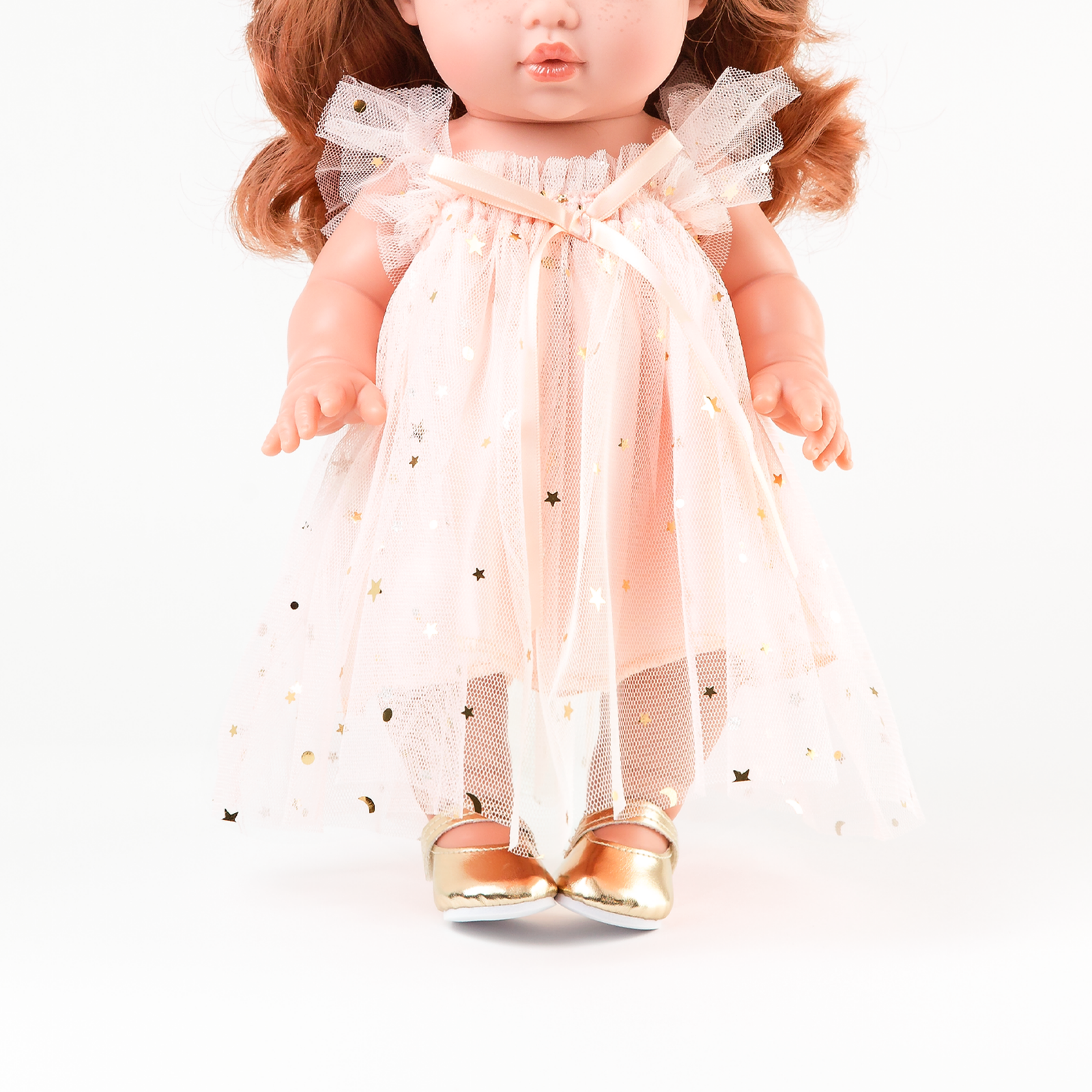 Peach Doll Tulle Ballet Dress with layered tulle straps and bow detail with gold stars.