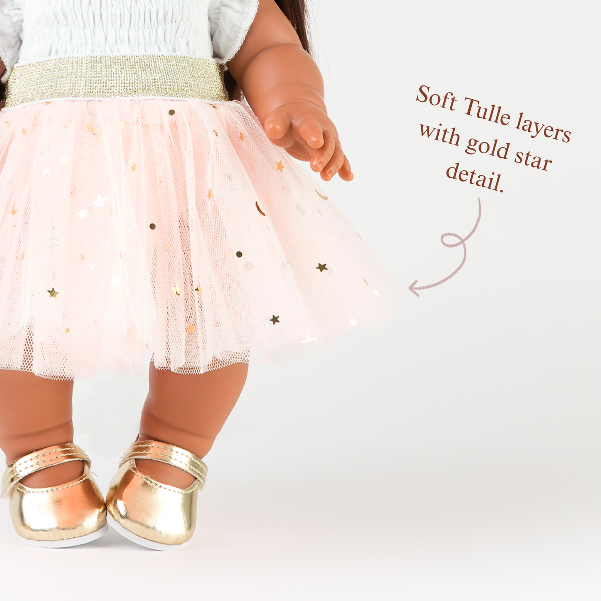 Close-up of the Peach Tulle Tutu Skirt layered over the Smocked Bubble Romper with Gold Mary Jane Shoes for 34-38cm dolls.