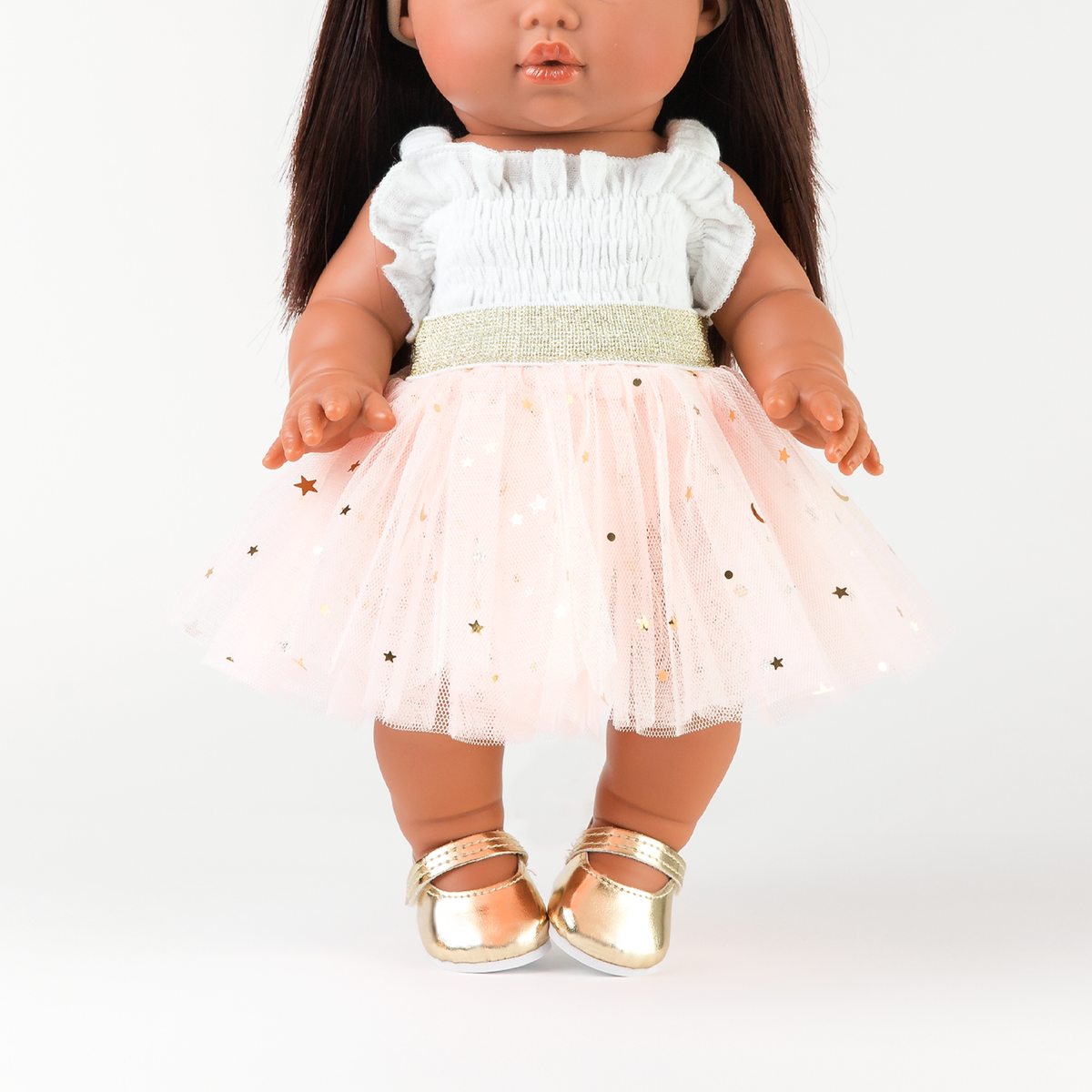Front view of the Peach Tulle Tutu Skirt paired with the Smocked Bubble Romper on 34cm Mini Colettos Isabel.
