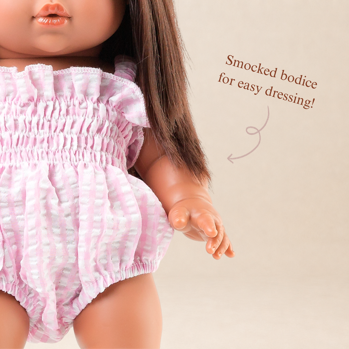 Doll Clothing + Outfits – Olivia Smock Bubble Romper fits 34-38cm Dolls - Gingham Pink for Mini Colettos, Minikane and Miniland Dolls