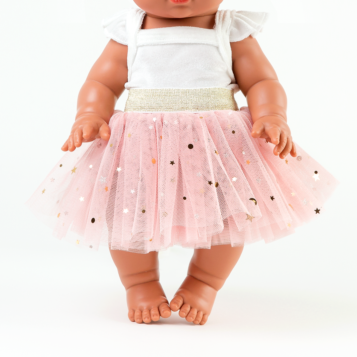 34cm anatomically correct baby doll wearing the Rose Blush Doll Tulle Tutu.