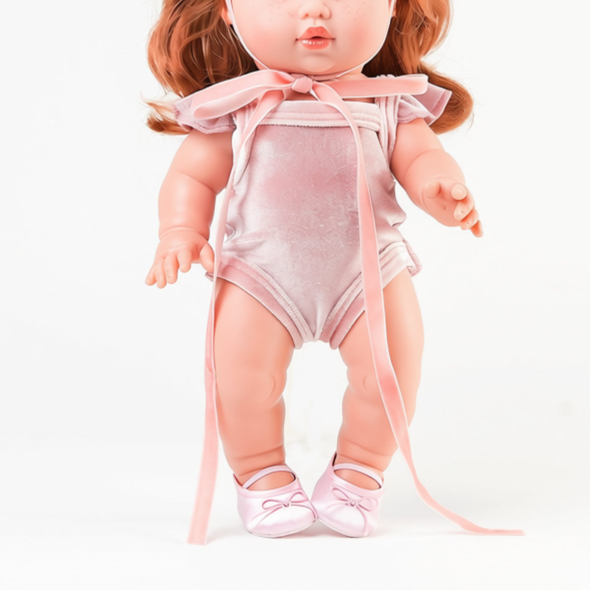 Close-up of the Rose Blush Frilled Velvet Singlet Bodysuit showing the soft velvet fabric and delicate frilled neckline.