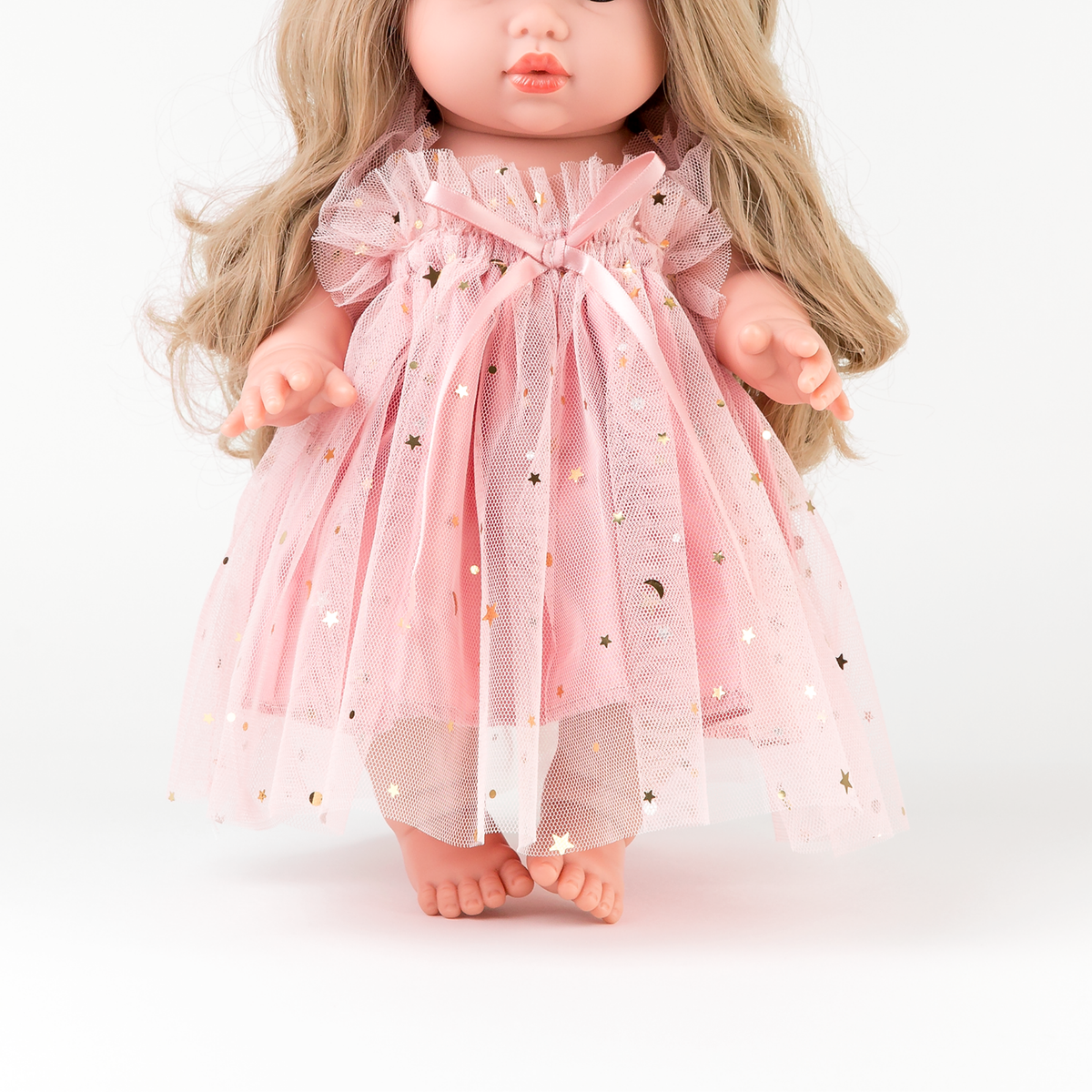 Close-up of a Mini Colettos doll wearing the Rose Blush Tulle Ballet Dress.