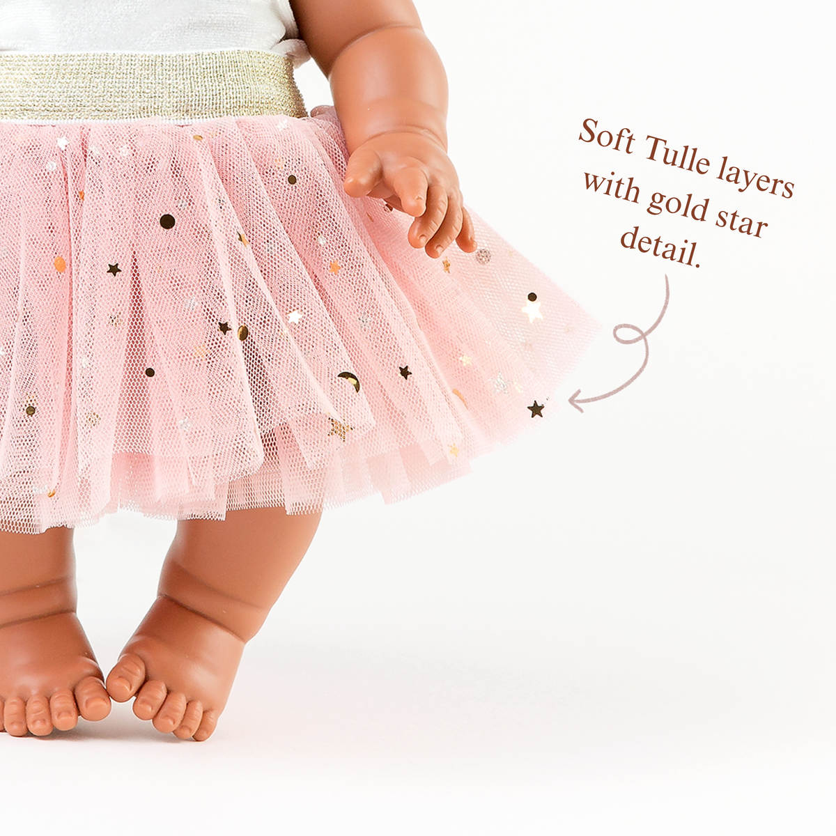 Close-up of the Rose Blush Tulle Tutu Skirt featuring soft layered tulle and glitter detail by Nicci and Lu.