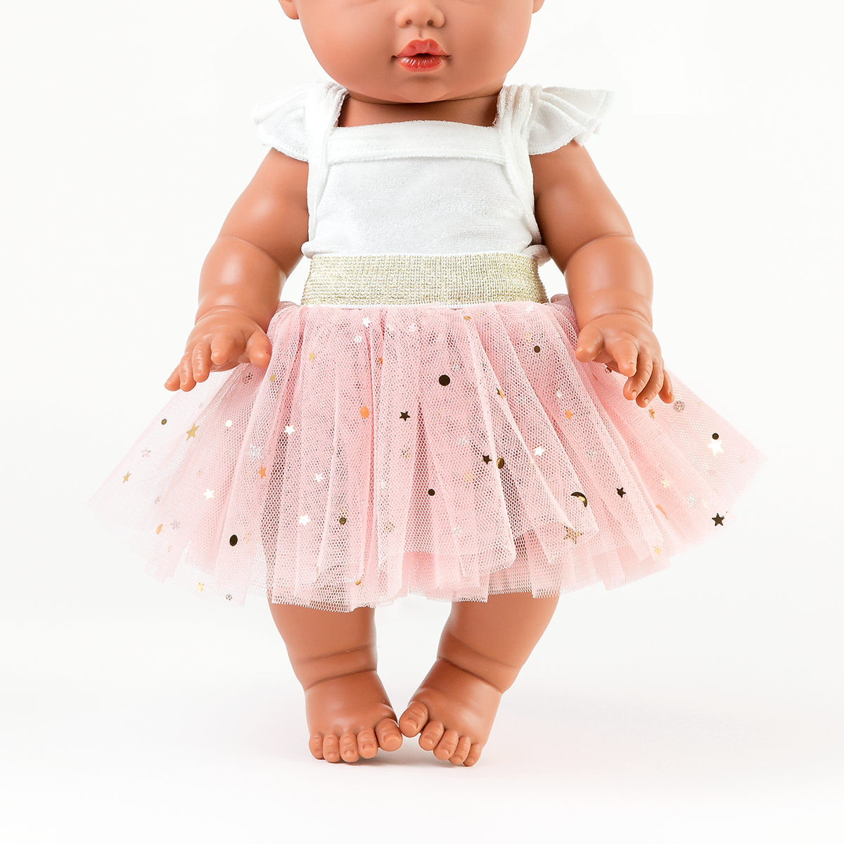 Front view of the Rose Blush Tulle Tutu Skirt paired with the Ivory Singlet Bodysuit for 34-38cm dolls.