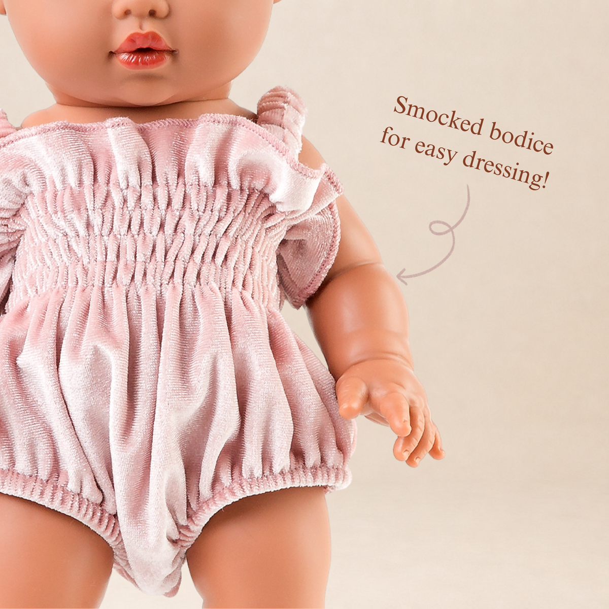 Doll Clothing + Outfits – Olivia Smock Bubble Romper fits 34-38cm Dolls - Rose Blush Velvet for Mini Colettos, Minikane and Miniland Dolls