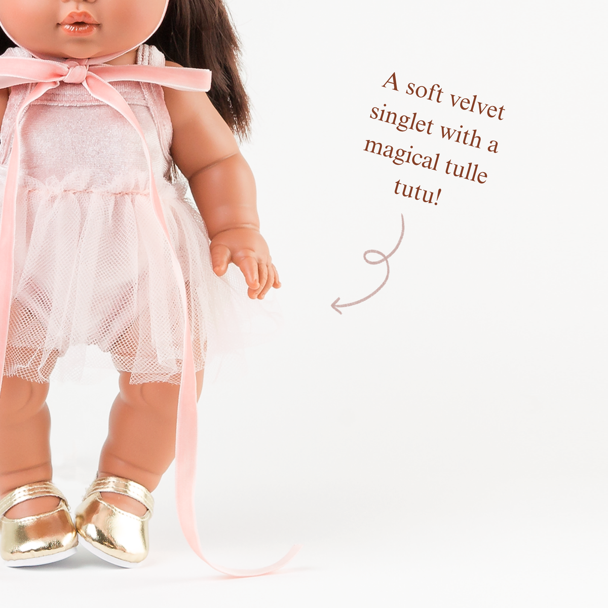 Close-up of the Rose Blush Velvet Singlet Tutu showing the soft velvet fabric and frilled details.