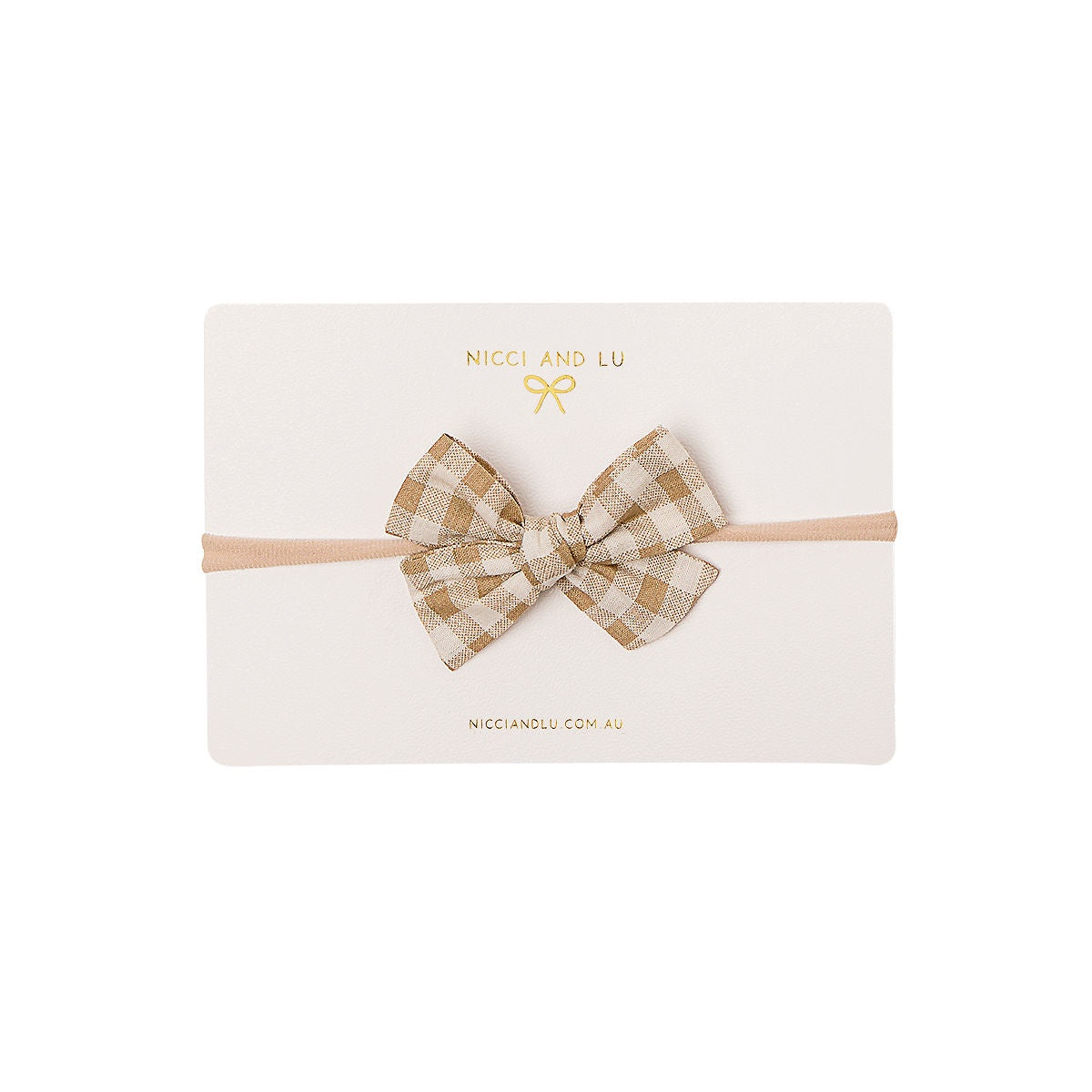 Soft Headband- Pinweel Bow Caramel Gingham