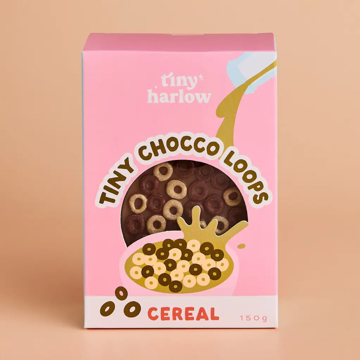 Tiny Harlow Tiny Chocolate Loops doll cereal set displayed with bowl and spoon.
