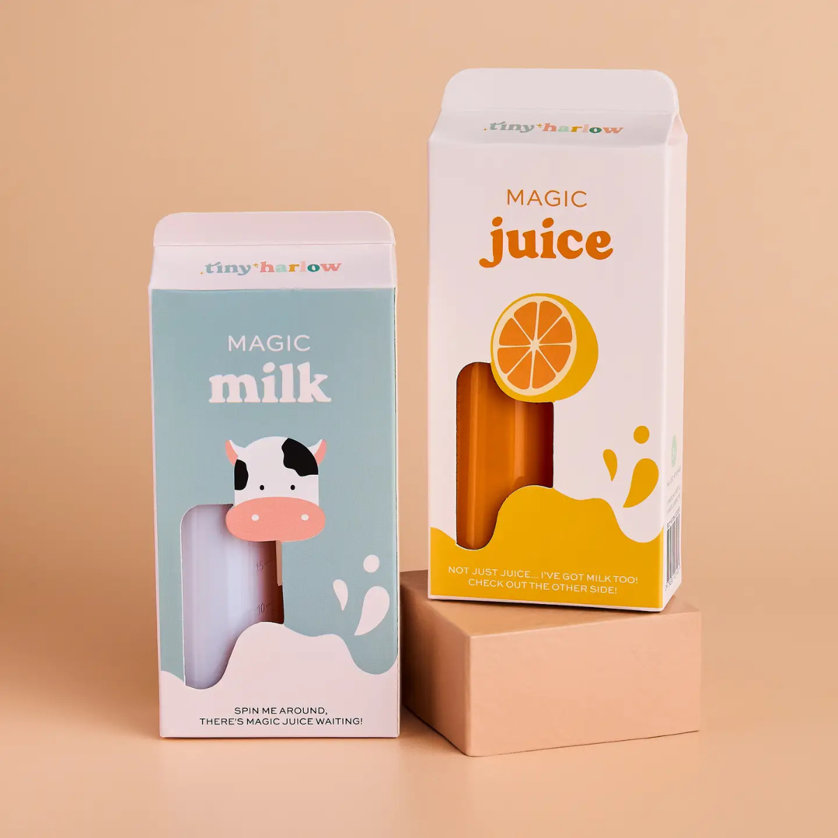 Tiny Harlow Magic Milk and Magic Juice doll bottles with colourful packaging