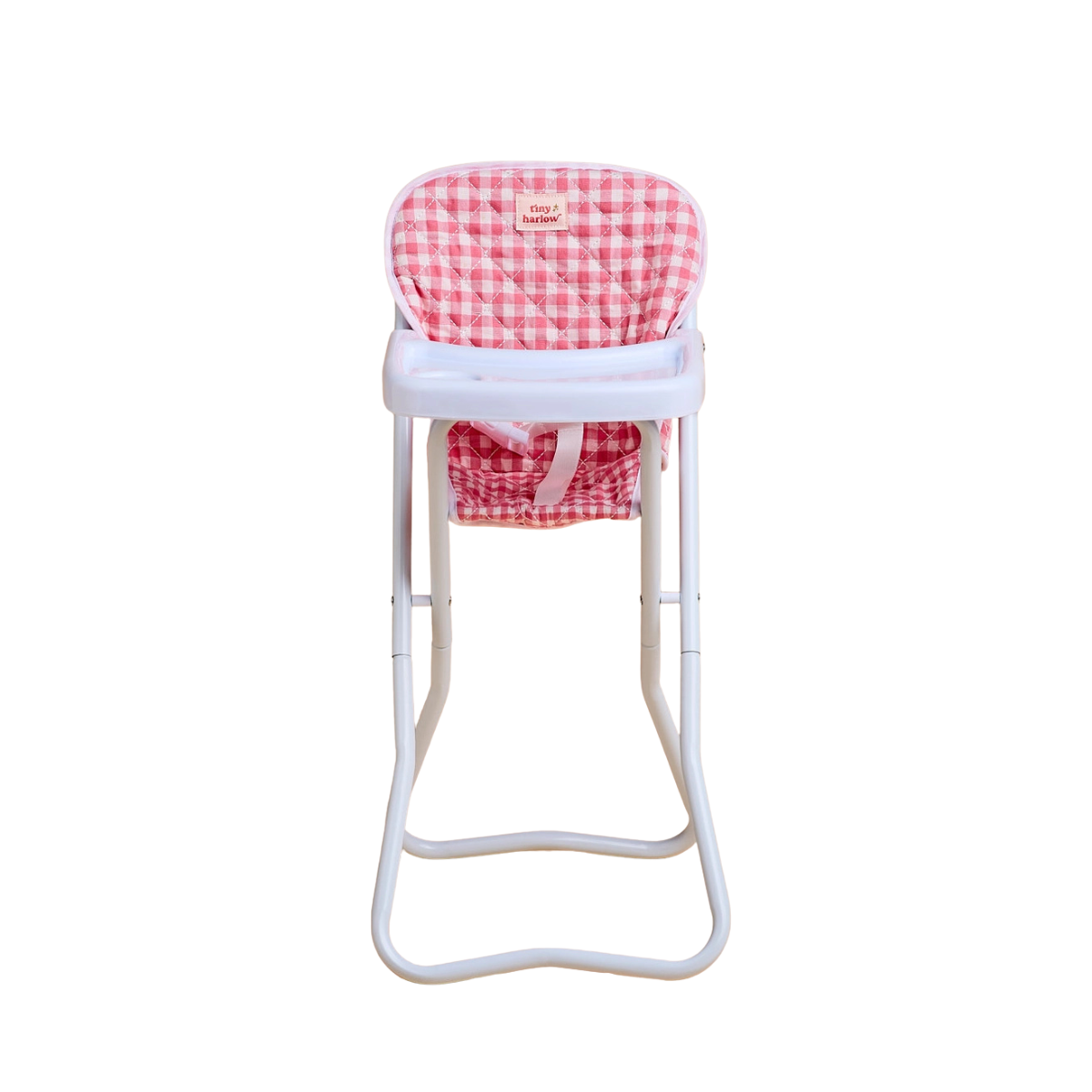 Tiny Harlow pink gingham doll highchair shown from the front