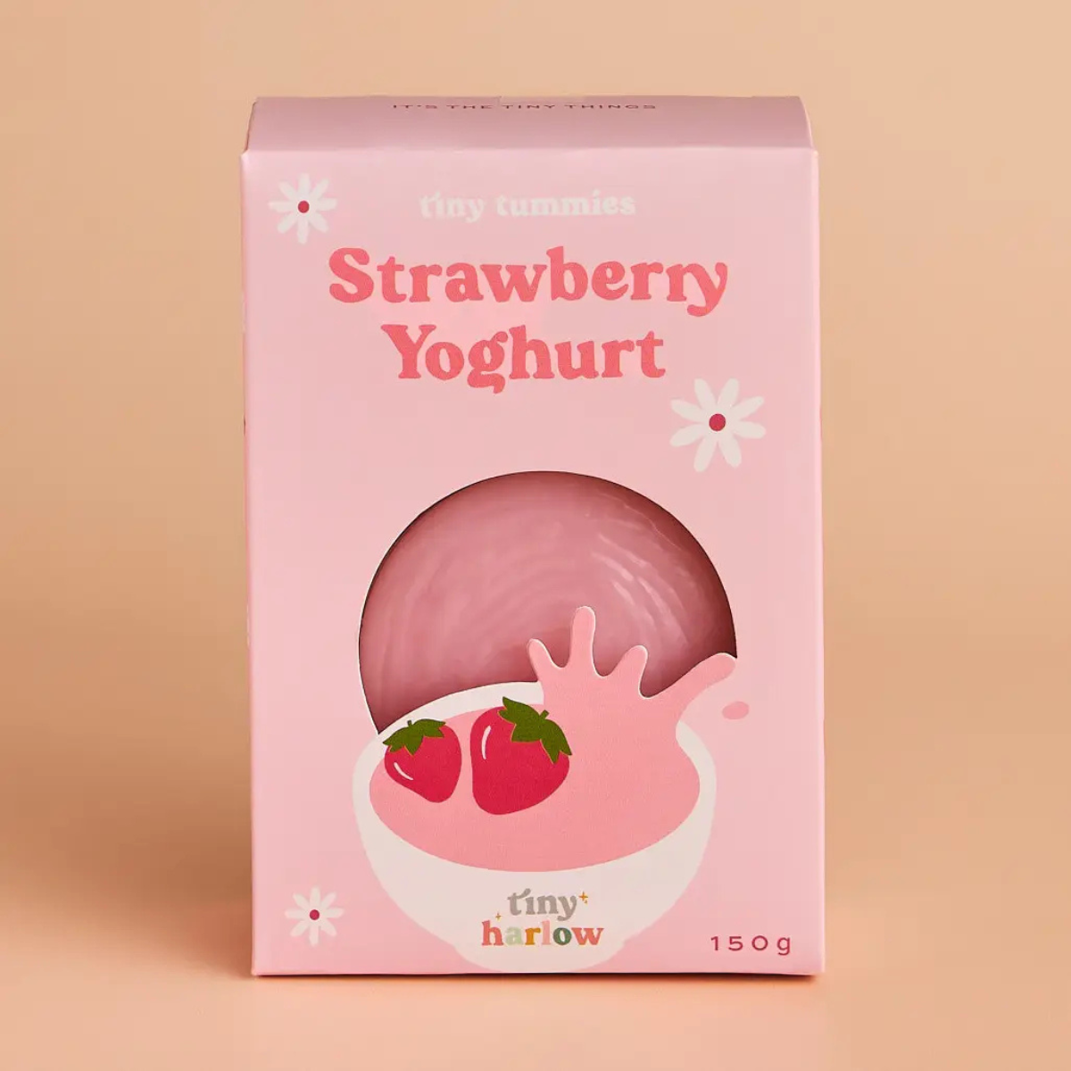 Tiny Harlow Strawberry Yoghurt doll food accessory in pink packaging.