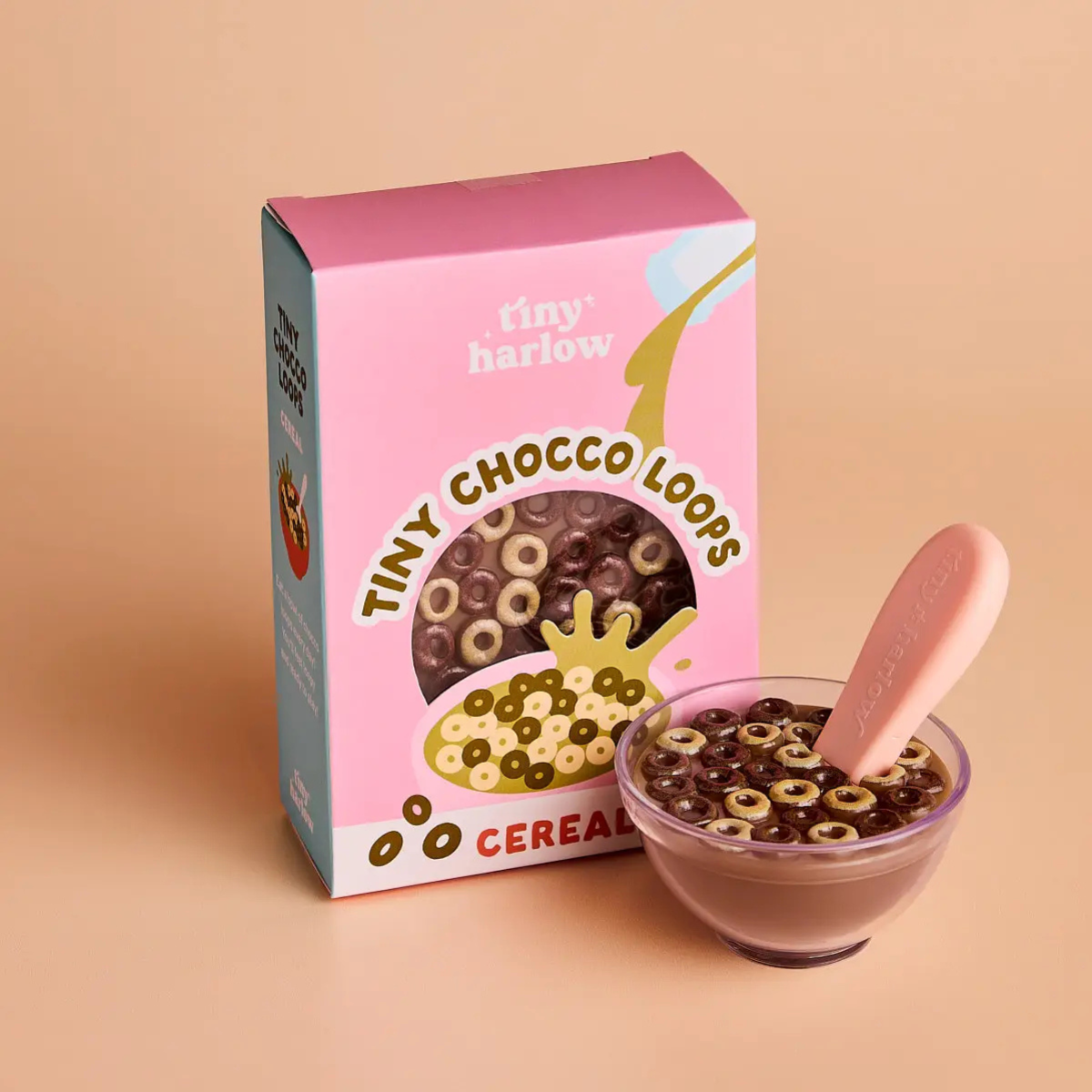 Tiny Harlow Tiny Chocolate Loops doll cereal set displayed with bowl and spoon.