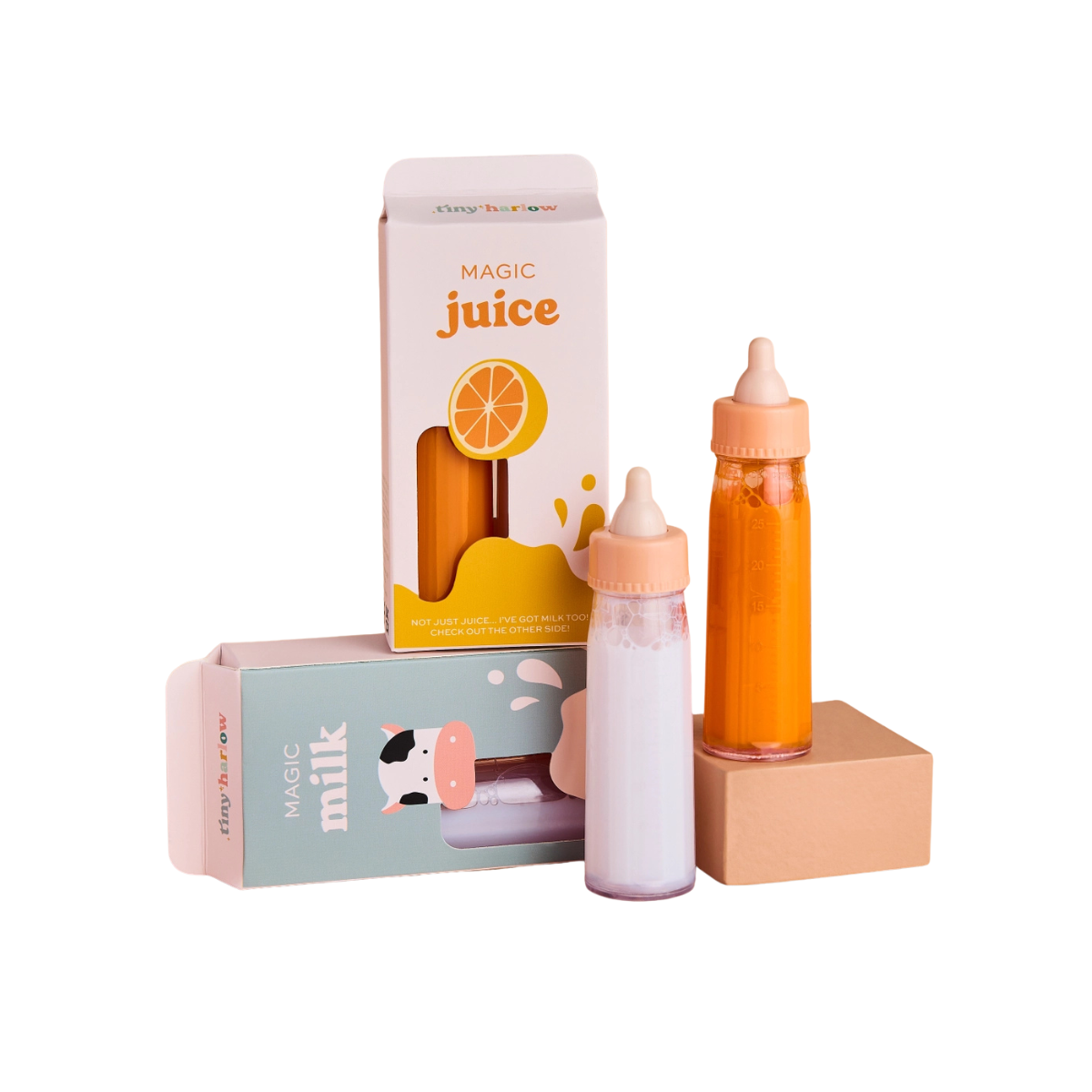 Tiny Harlow Tiny Tummies Magic Milk and Juice doll accessories displayed together