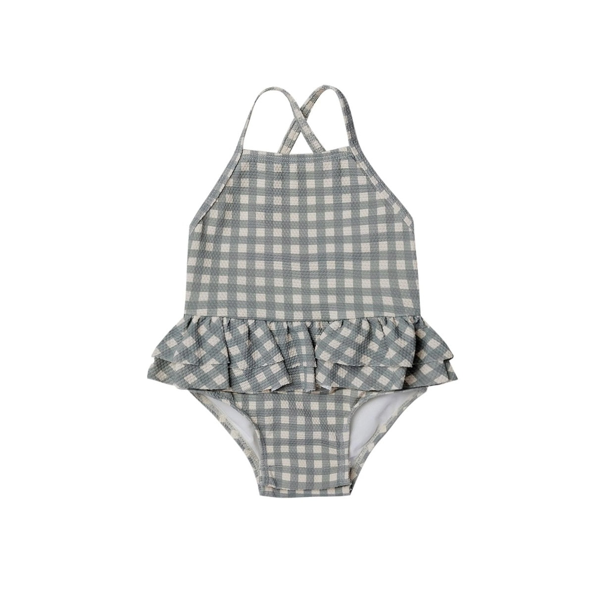 Ruffled one-piece swimsuit - Sea green gingham